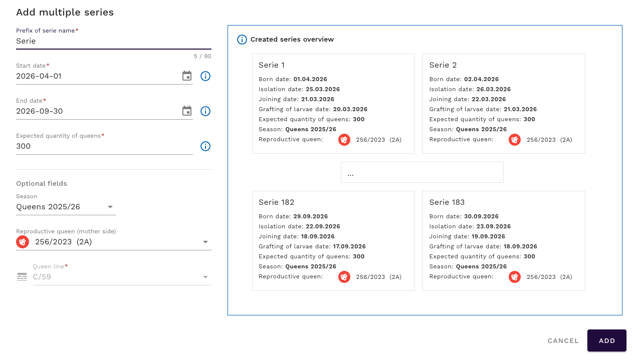 Serie Hodowlane - okno dodawania wielu serii