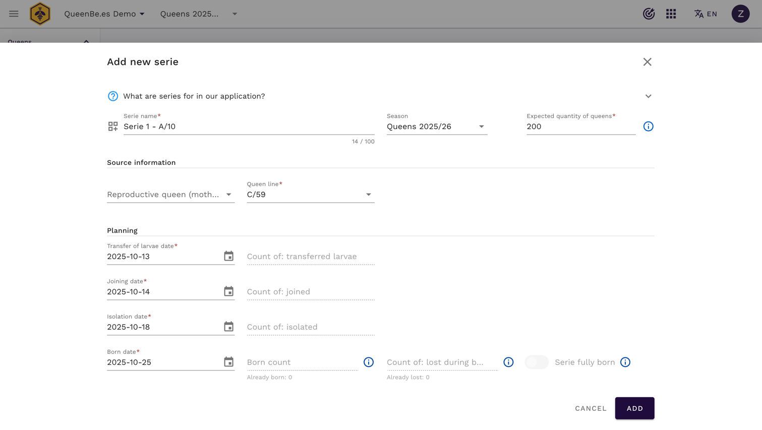 Serie Hodowlane - wypełnione okno dodawania nowej serii
