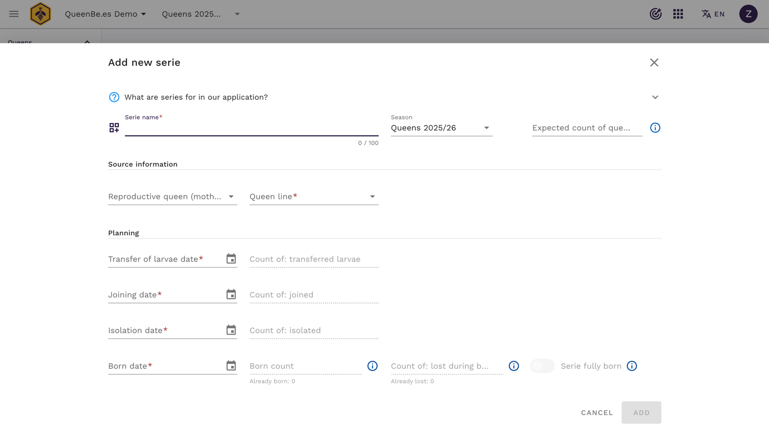 Serie Hodowlane - puste okno dodawania nowej serii