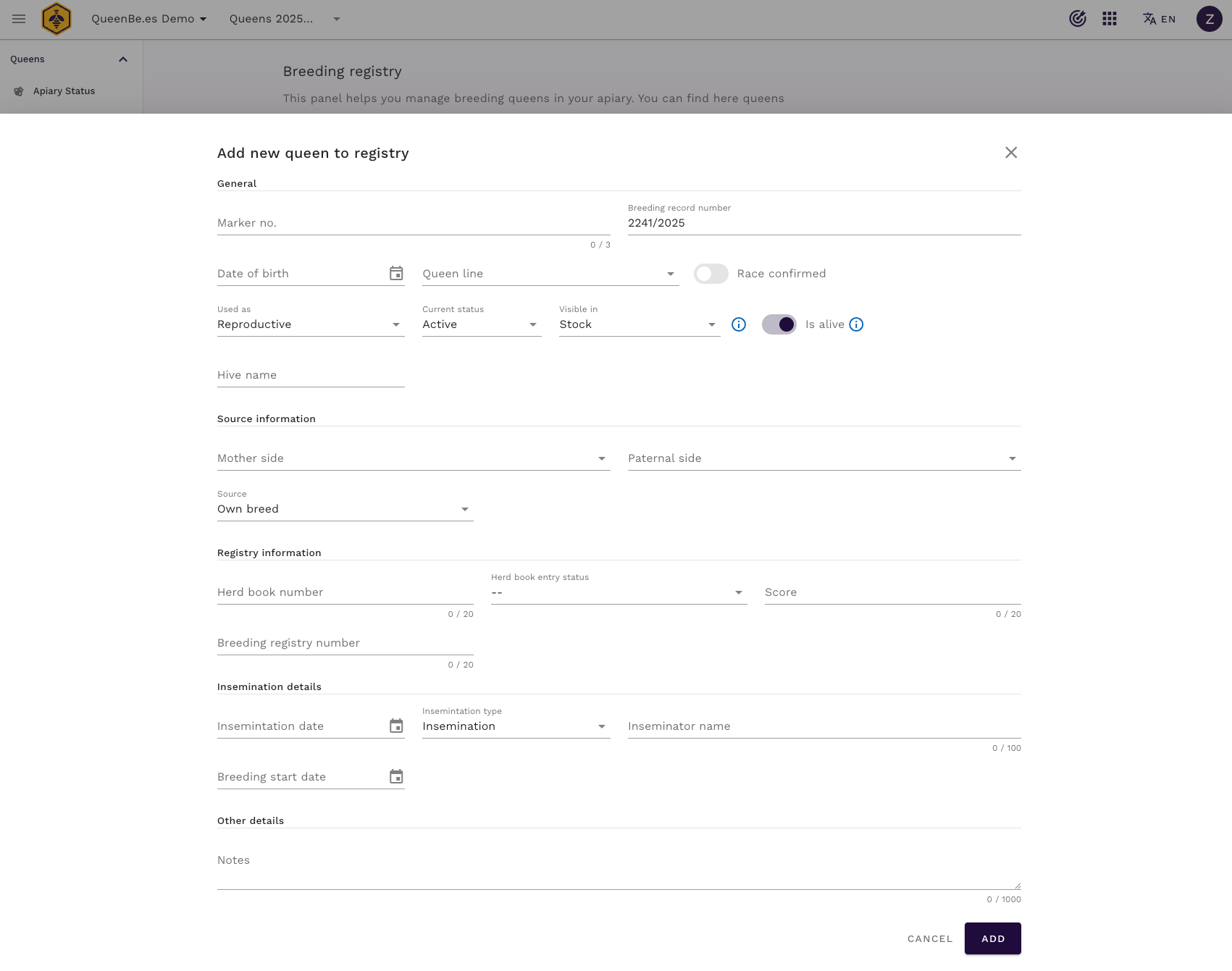Pusty ekran rejestru hodowli