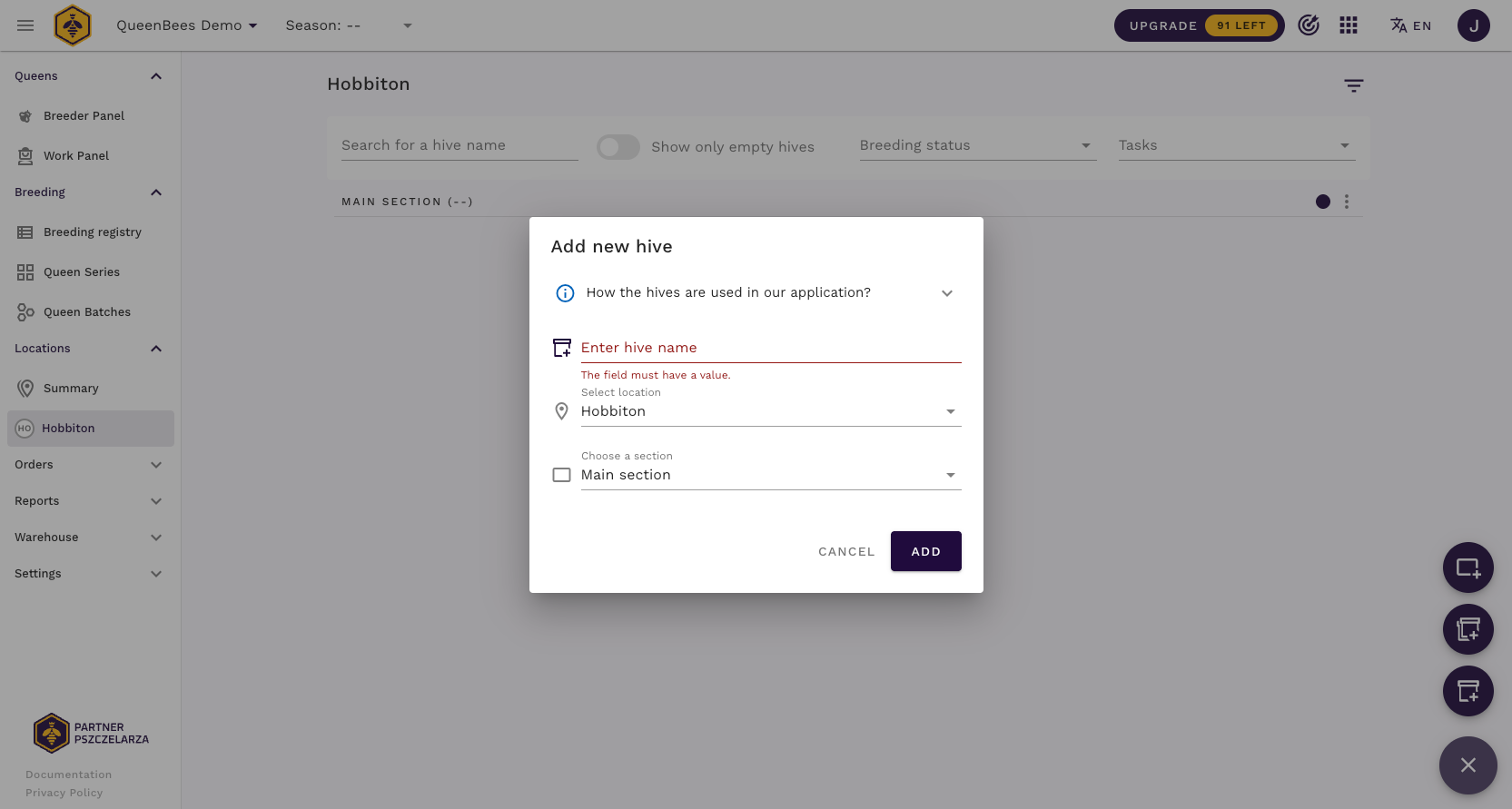 Okno dodawania nowego ula