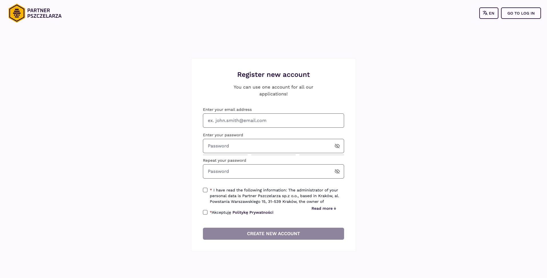 Ekran rejestracji konta