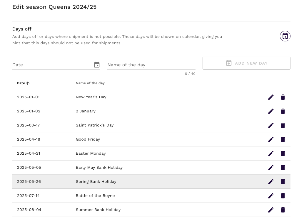 Zaimportowane święta publiczne dla sezonu