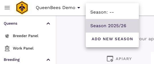 Selektor sezonów obok logo pasieki