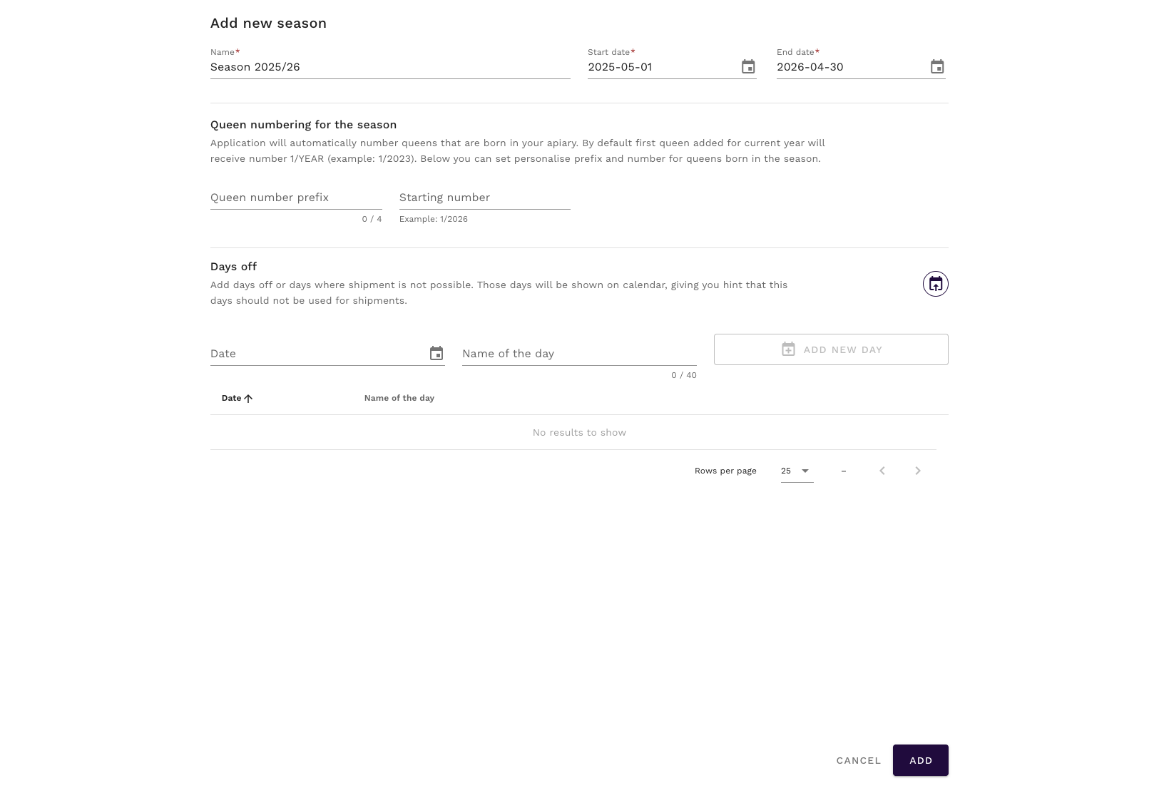 Ustawienia sezonów - okno dodawania nowego sezonu