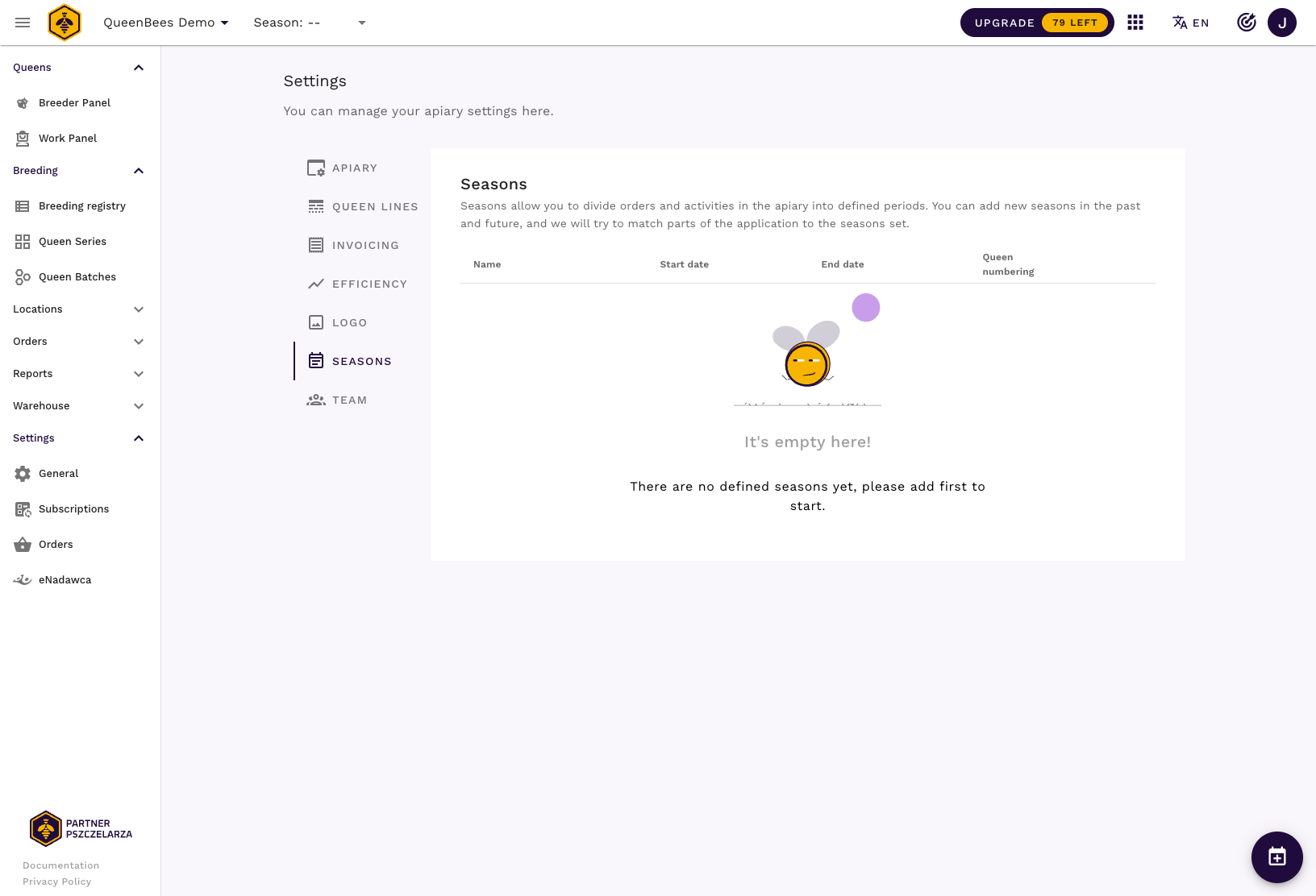 Ustawienia sezonów - pusta strona