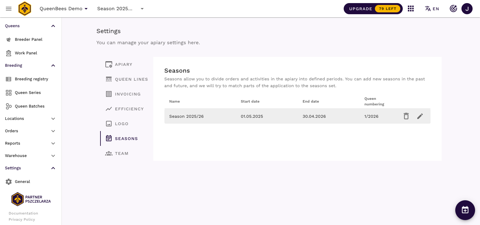 Ustawienia sezonów - pusta strona